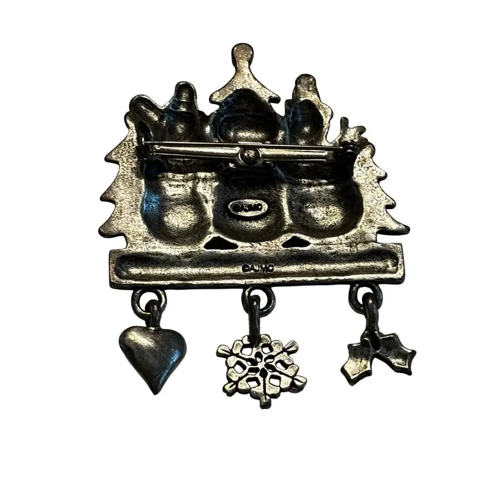 Vintage AJMC Christmas brooch pewter snowmen with gift dangles novelty pin